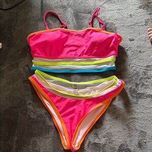 Neon Pink Two-Piece Bikini with Multicolor Trim